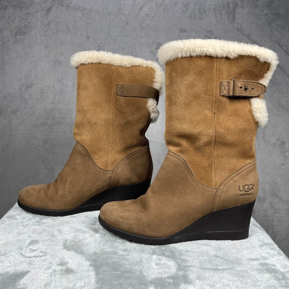 UGG Edelina Womens 7 Waterproof Suede Shearling Wedge Boots Chestnut 1017422